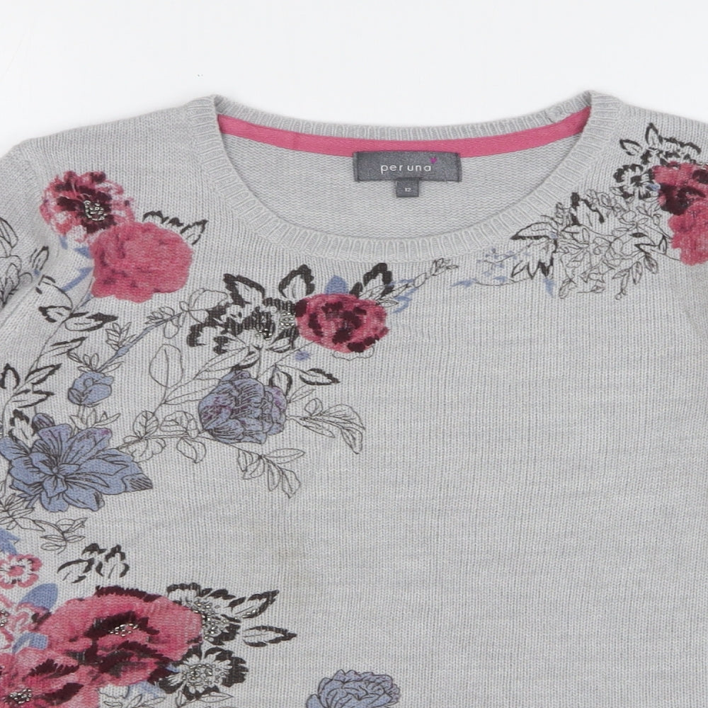 Marks and Spencer Womens Grey Round Neck Floral Acrylic Pullover Jumper Size 12