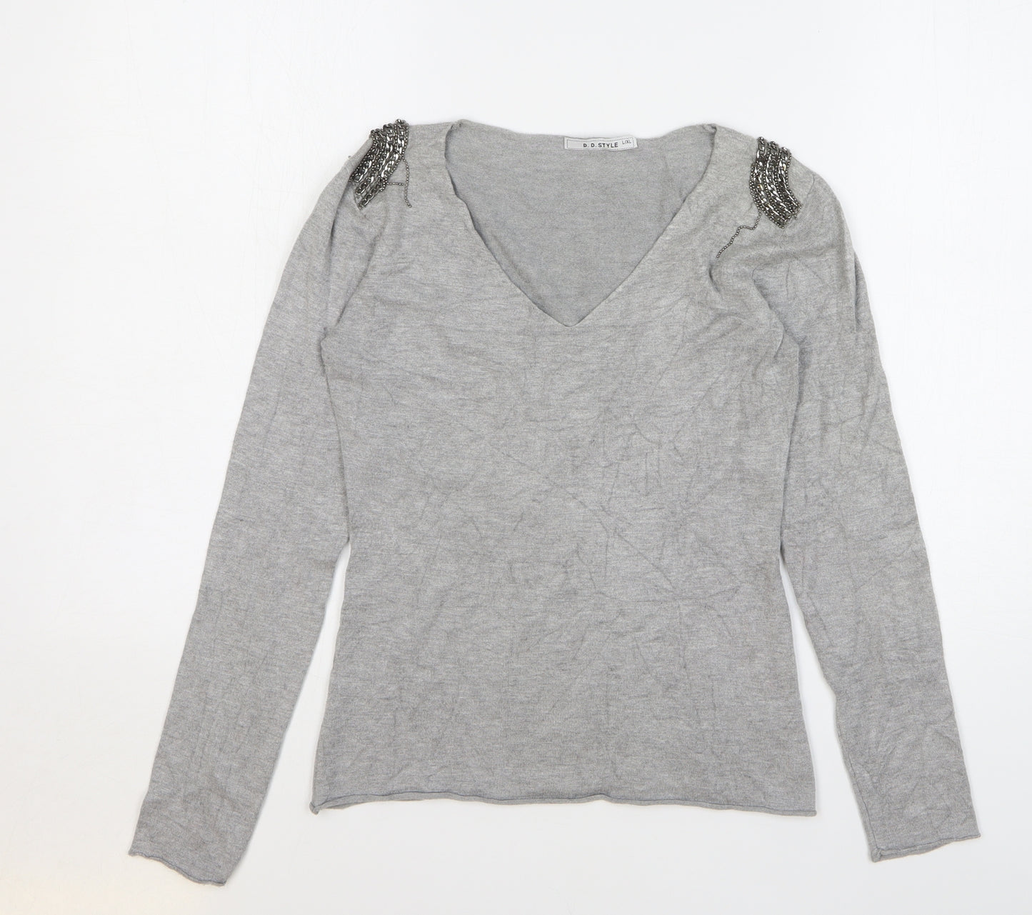 D.D. Style Womens Grey V-Neck Viscose Pullover Jumper Size L