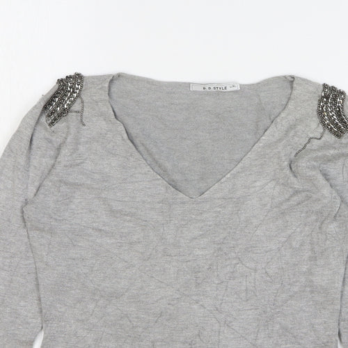 D.D. Style Womens Grey V-Neck Viscose Pullover Jumper Size L