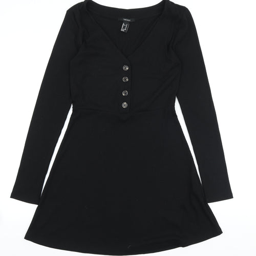 FOREVER 21 Womens Black Polyester Skater Dress Size M V-Neck Button