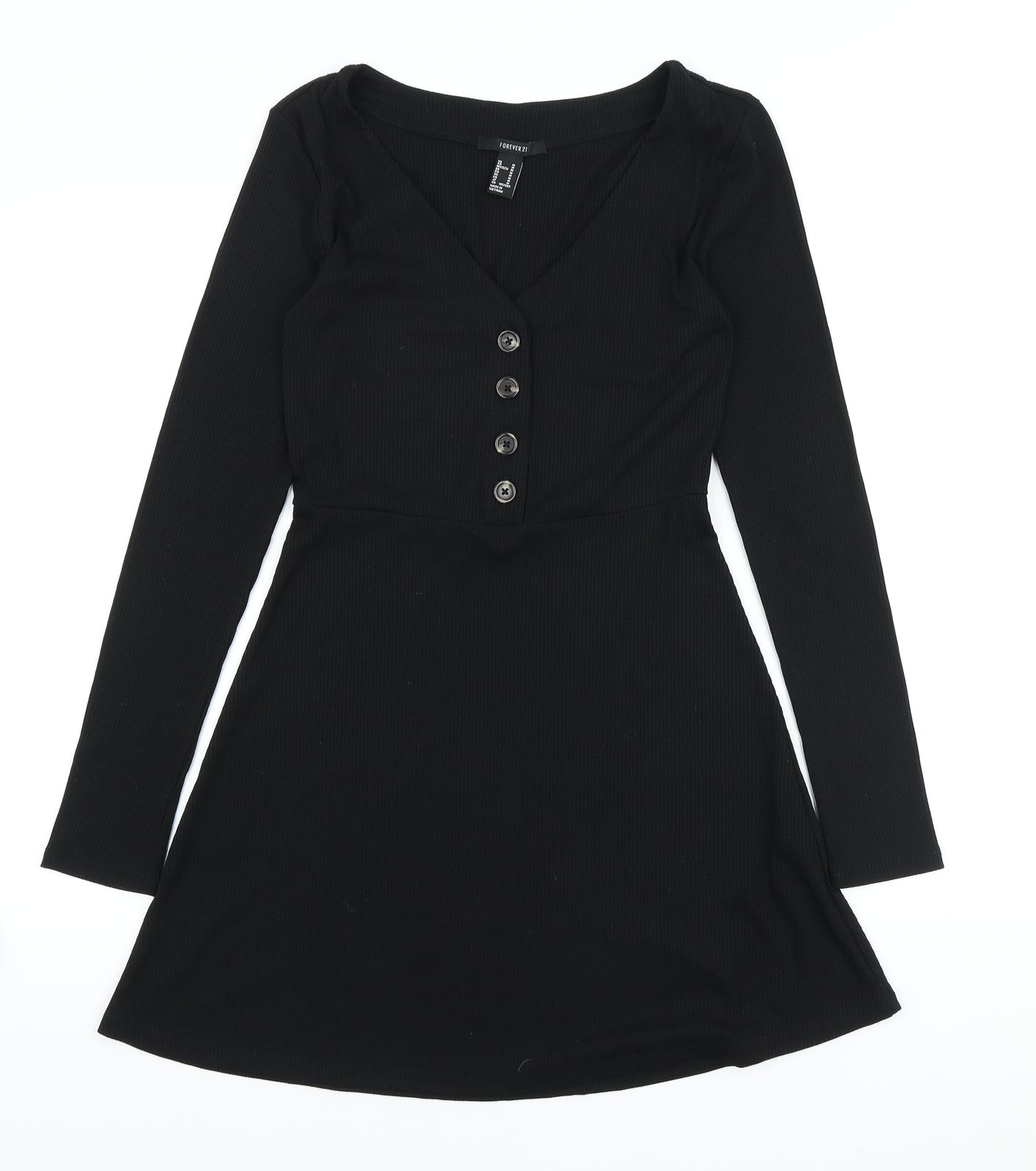 FOREVER 21 Womens Black Polyester Skater Dress Size M V-Neck Button