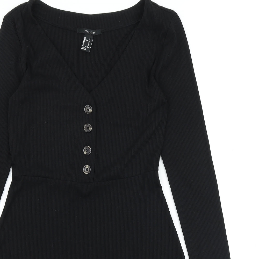 FOREVER 21 Womens Black Polyester Skater Dress Size M V-Neck Button