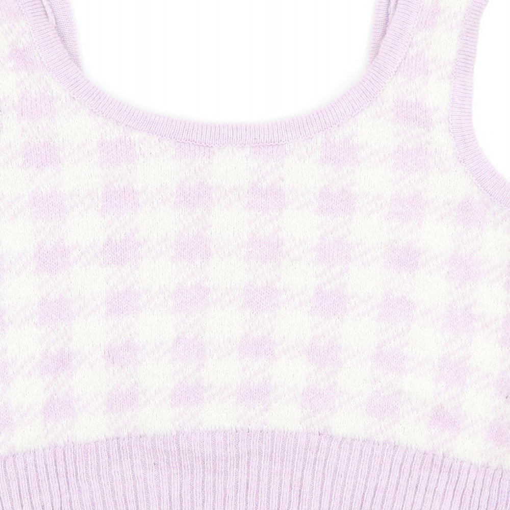 George Womens Purple Plaid Polyamide Cropped Tank Size L Square Neck