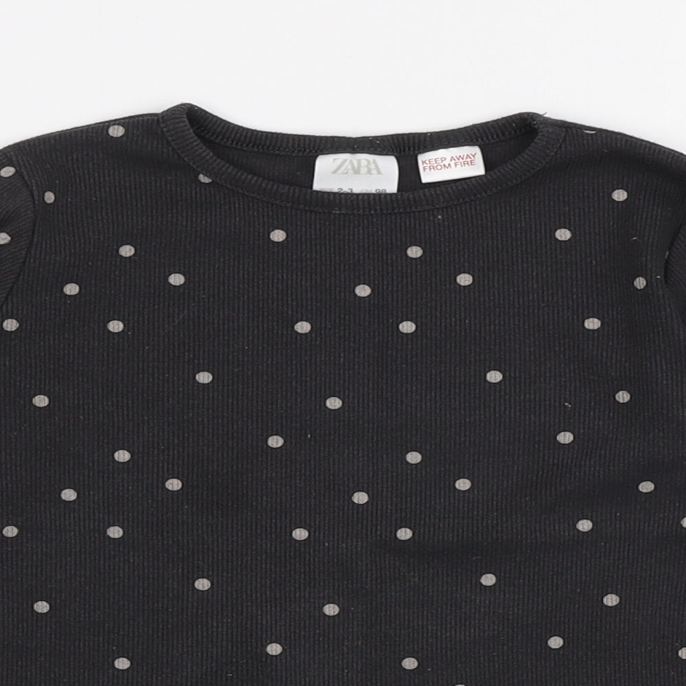 Zara Girls Black Polka Dot Polyester Pullover T-Shirt Size 2-3 Years Round Neck