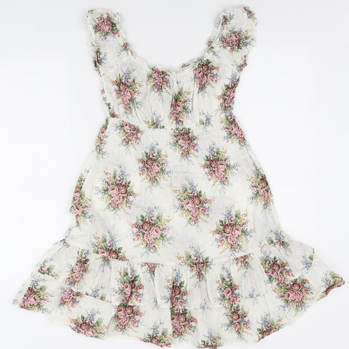 Warehouse Womens White Floral Cotton Mini Size 10 Scoop Neck