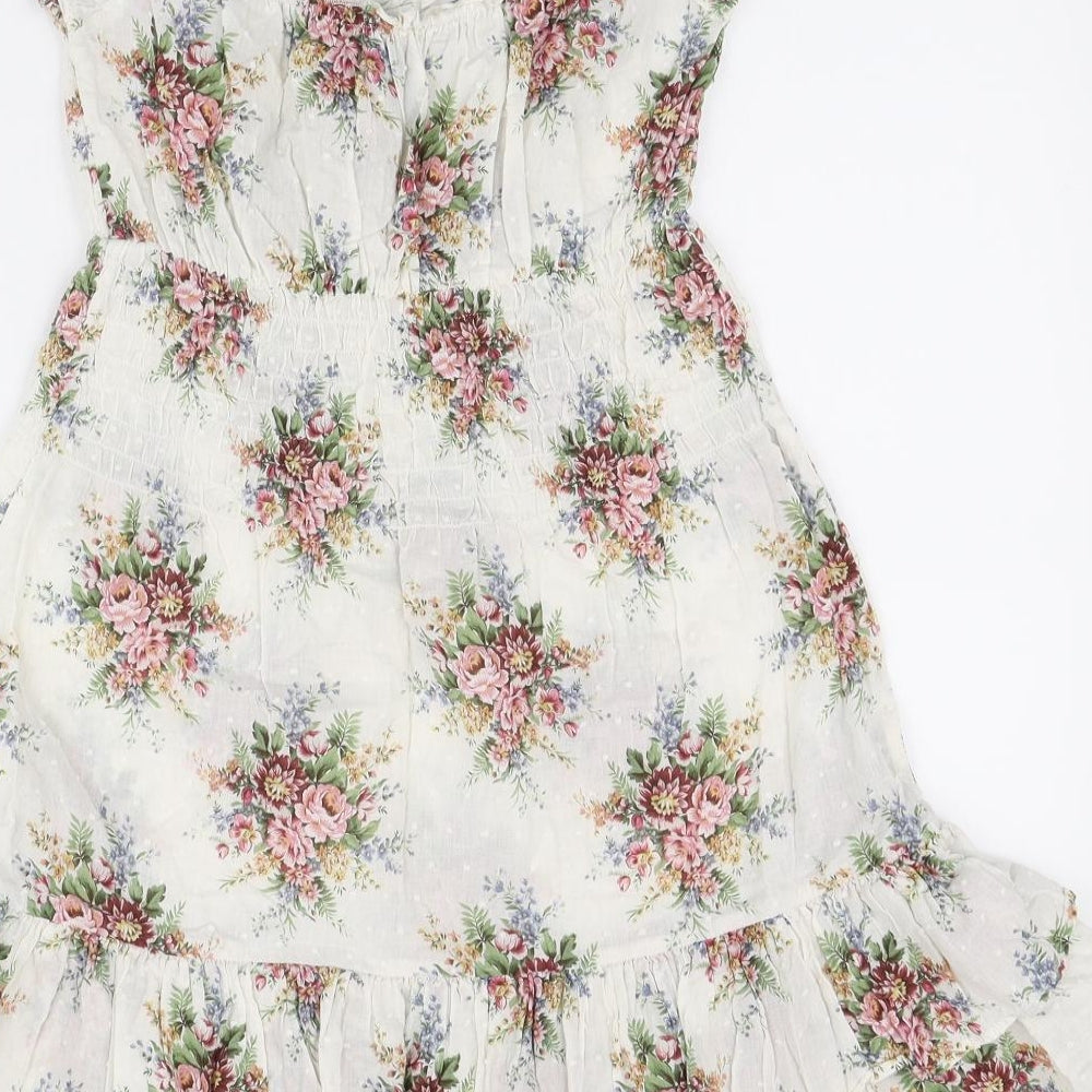 Warehouse Womens White Floral Cotton Mini Size 10 Scoop Neck