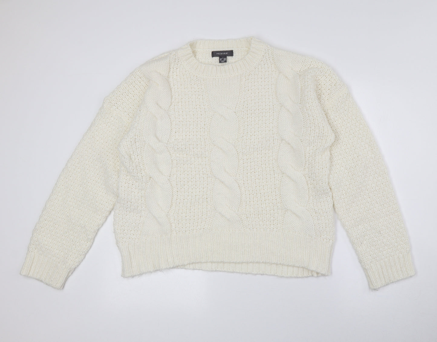 Primark Womens White Crew Neck Acrylic Pullover Jumper Size L - Cream Colour