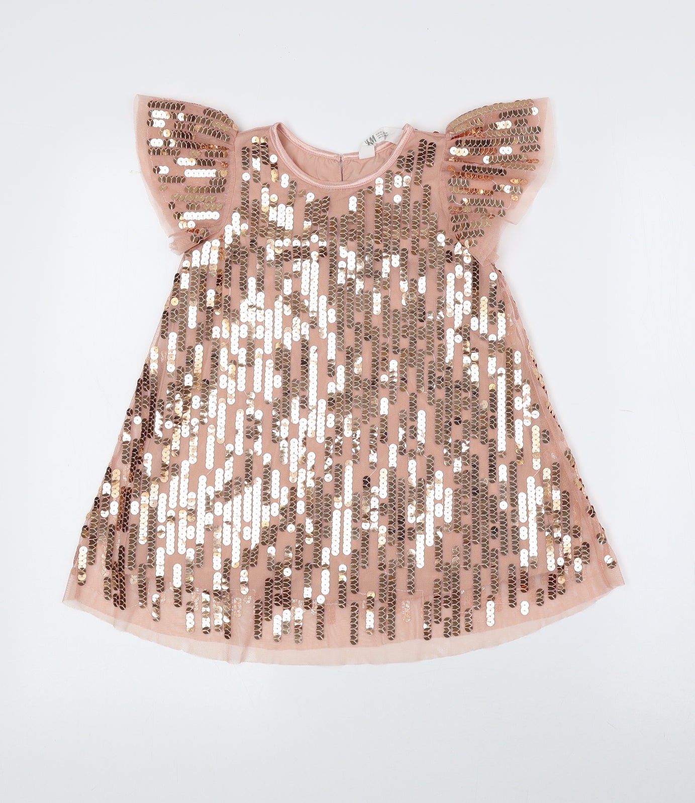 H&M Girls Pink 100% Polyester A-Line Size 2-3 Years Crew Neck Button - Sequin