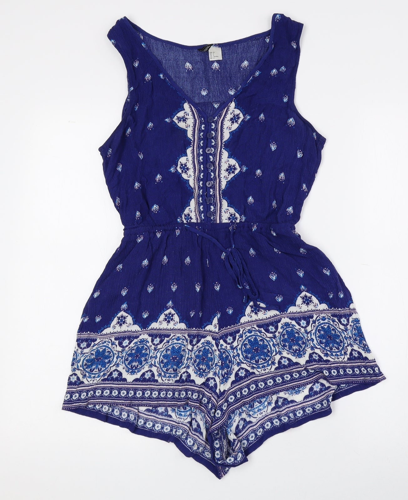 Divided by H&M Womens Blue Geometric 100% Viscose Playsuit One-Piece Size 10 Button