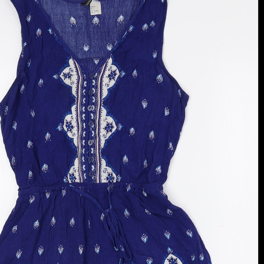 Divided by H&M Womens Blue Geometric 100% Viscose Playsuit One-Piece Size 10 Button