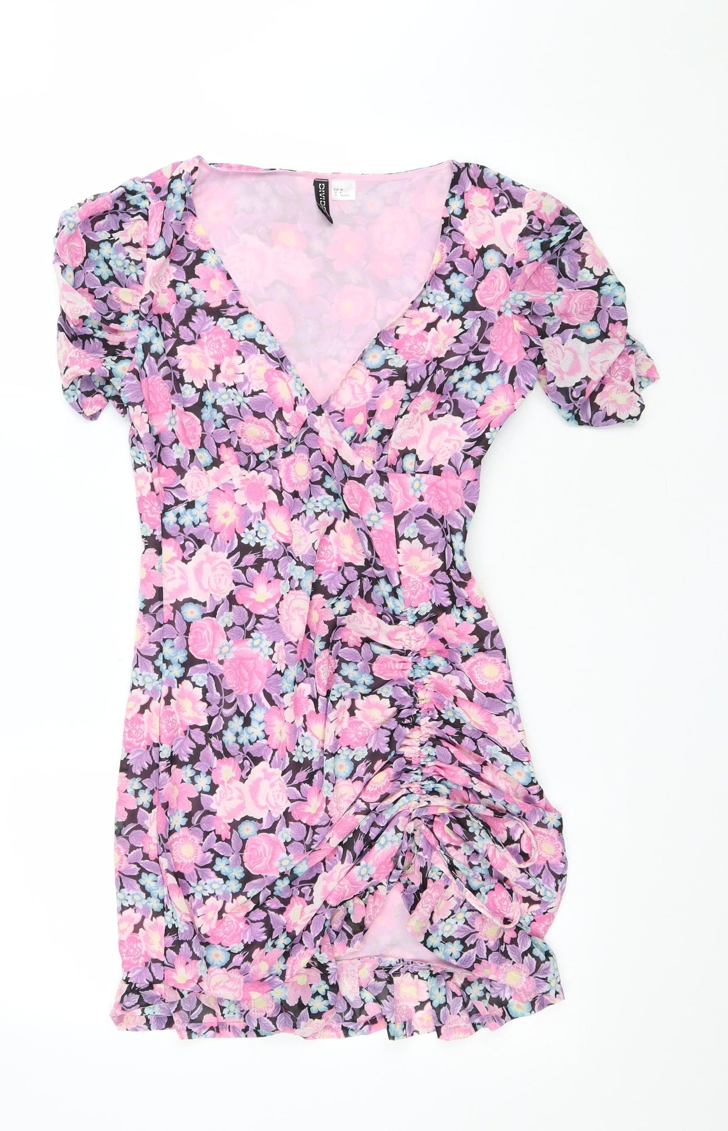 Divided by H&M Womens Pink Floral Polyester Mini Size 8 V-Neck Pullover