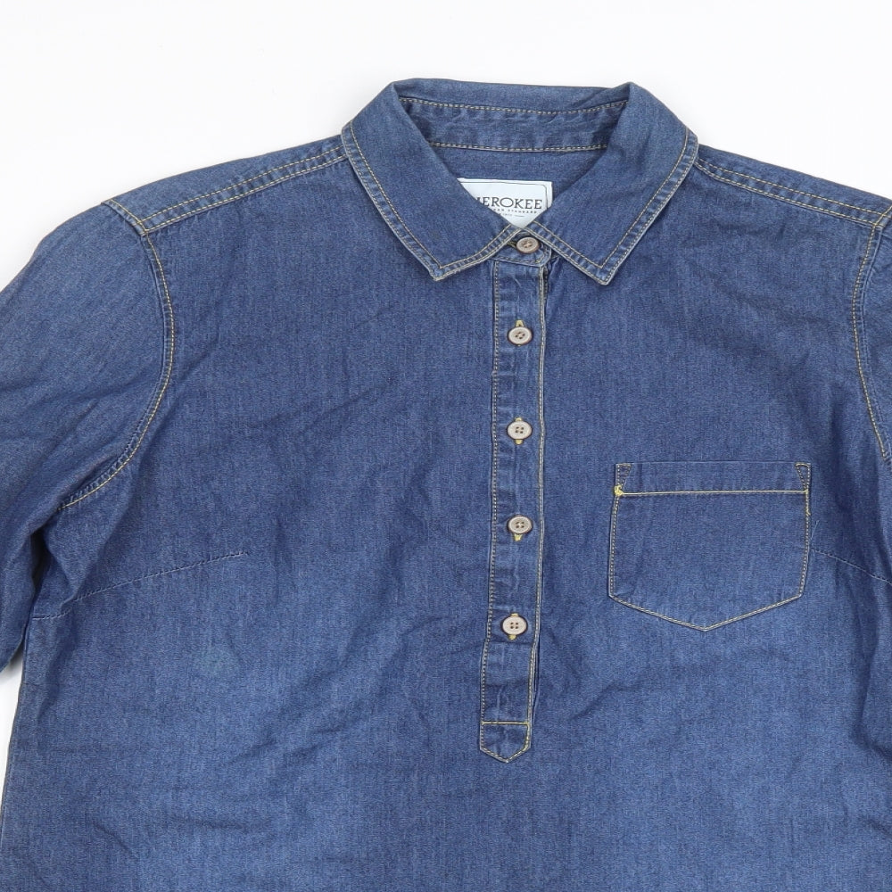 Cherokee Womens Blue Cotton Basic Button-Up Size 10 Collared