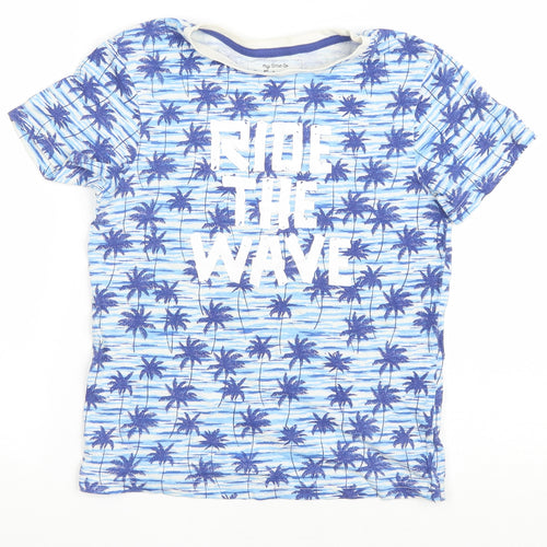 Peacocks Boys Blue Geometric Cotton Basic T-Shirt Size 10-11 Years Round Neck Pullover - Ride the wave