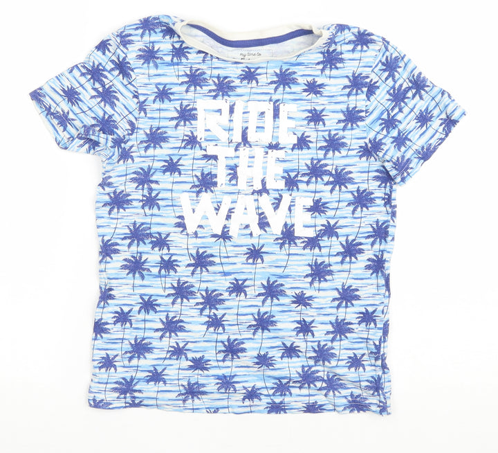 Peacocks Boys Blue Geometric Cotton Basic T-Shirt Size 10-11 Years Round Neck Pullover - Ride the wave