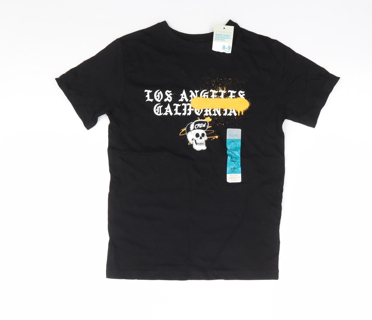 Primark Boys Black 100% Cotton Basic T-Shirt Size 8-9 Years Round Neck Pullover - Los Angeles Skull