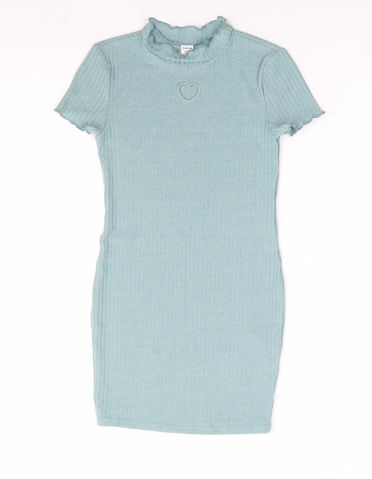 SheIn Girls Green Polyester T-Shirt Dress Size 10 Years Mock Neck Pullover - Heart Cut Out Detail