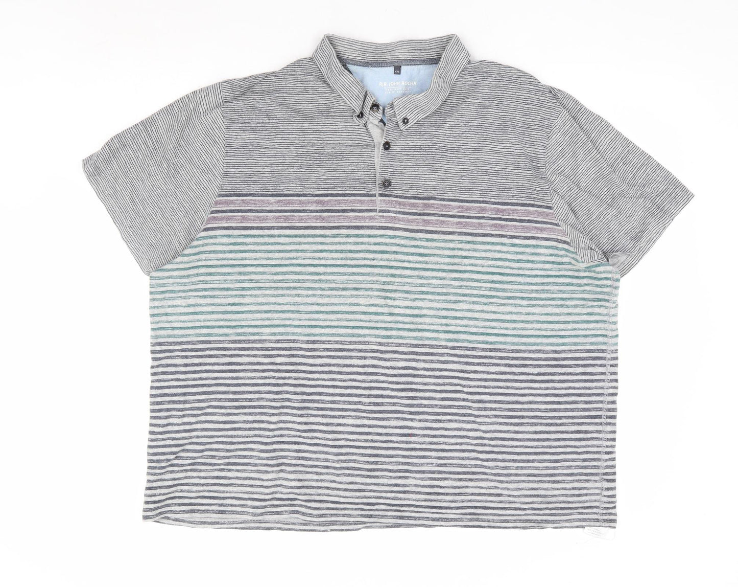 RJR.John Rocha Mens Multicoloured Striped 100% Cotton Polo Size 2XL Collared Button