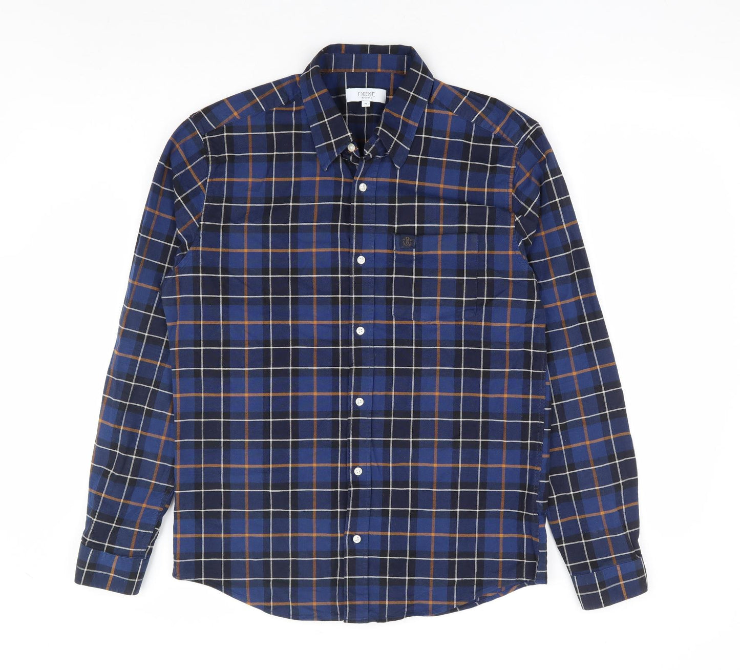 NEXT Mens Blue Plaid Cotton Button-Up Size M Collared Button