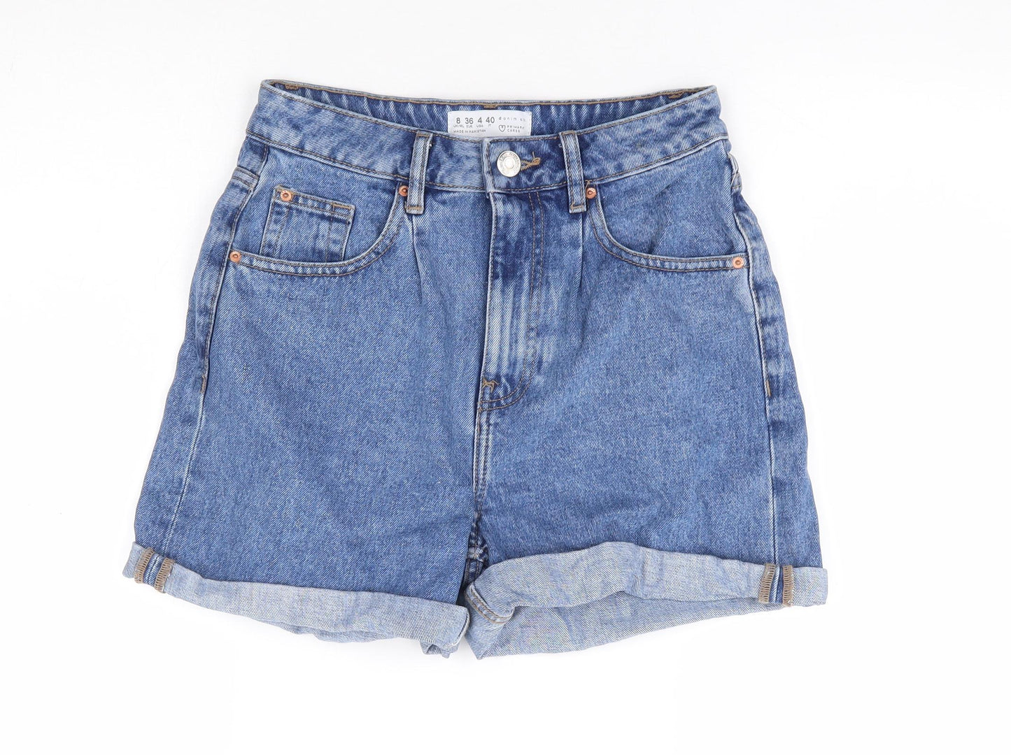Primark Womens Blue 100% Cotton Mom Shorts Size 8 L4 in Regular Zip