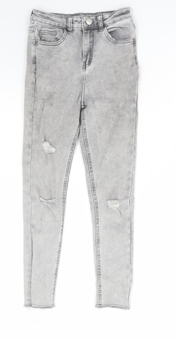 George Girls Grey Cotton Skinny Jeans Size 9-10 Years Regular Zip - Distressed