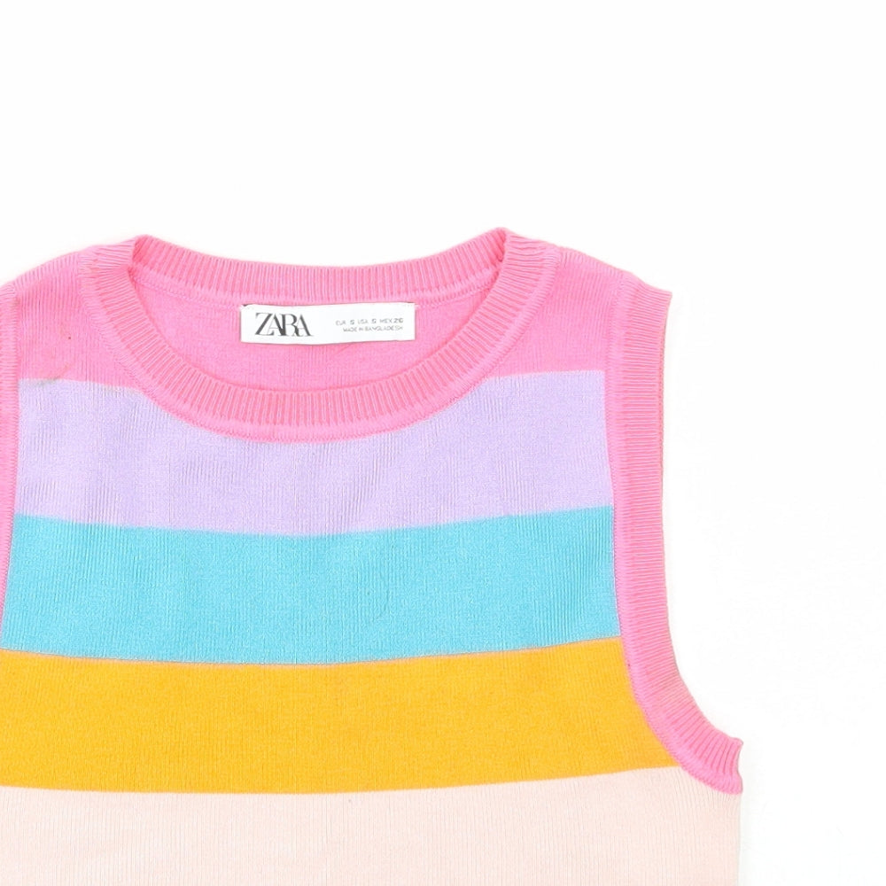 Zara Womens Multicoloured Round Neck Striped Polyamide Vest Jumper Size S