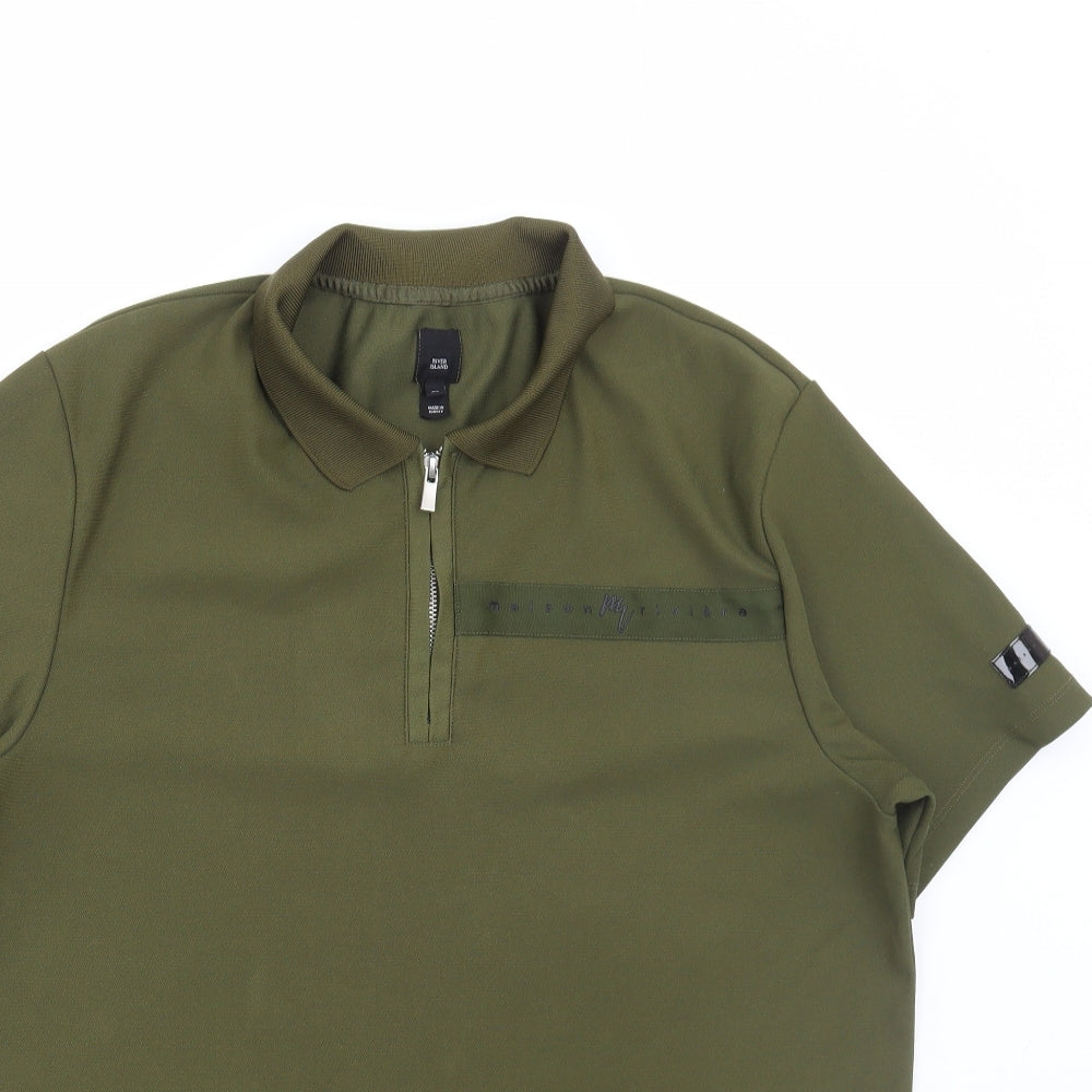 River Island Mens Green Polyester Polo Size XL Collared Zip