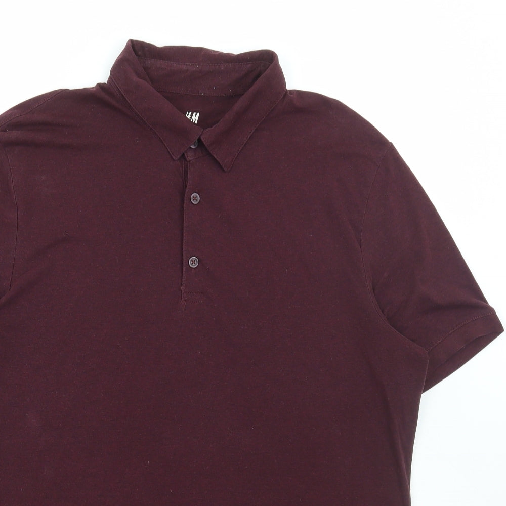 H&M Mens Red Cotton Polo Size L Collared Button
