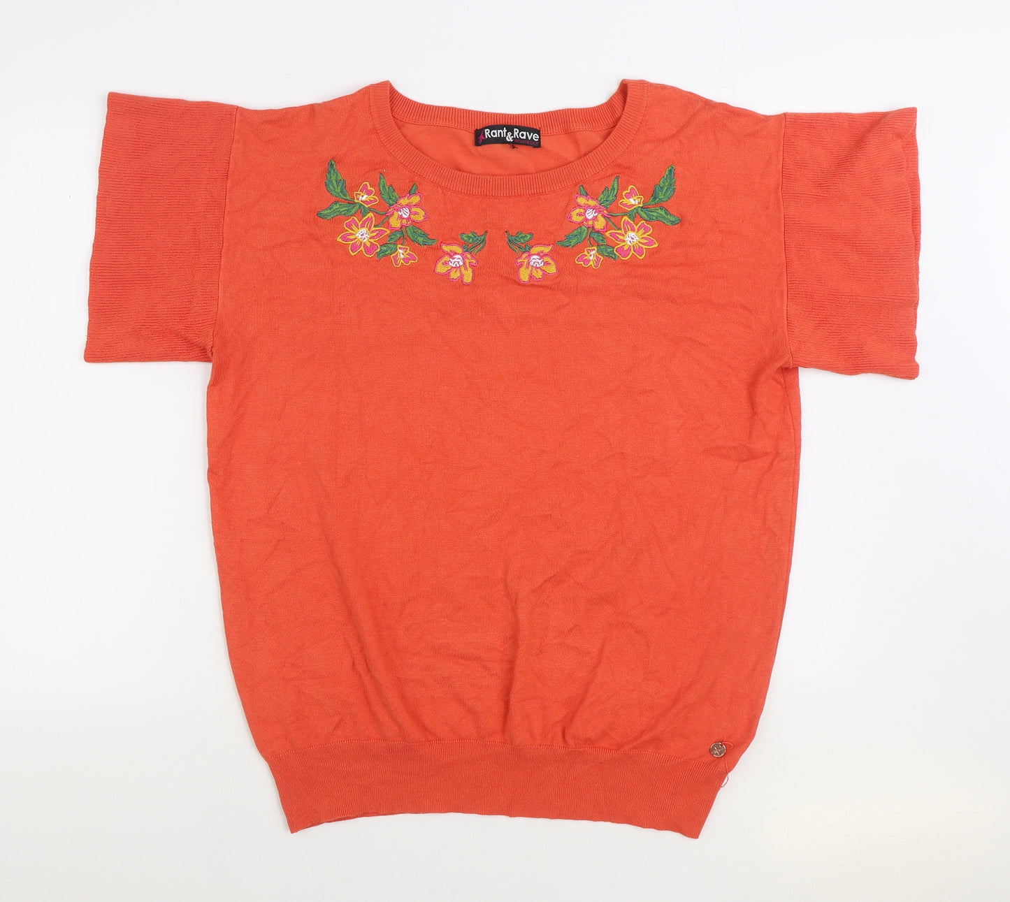 Rant & Rave Womens Orange Round Neck Floral Viscose Pullover Jumper Size L