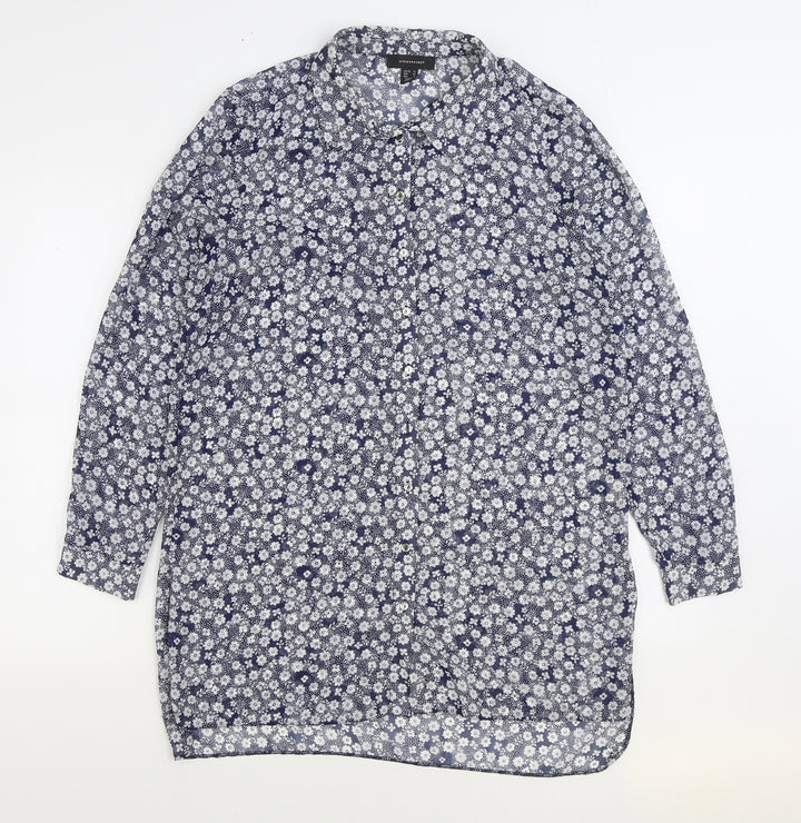 Atmosphere Womens Blue Floral Polyester Basic Button-Up Size 14 Collared