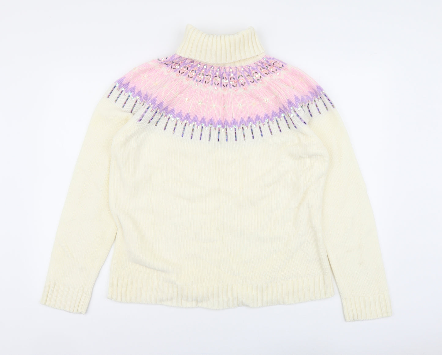Papaya Womens Ivory Roll Neck Fair Isle Acrylic Pullover Jumper Size 16