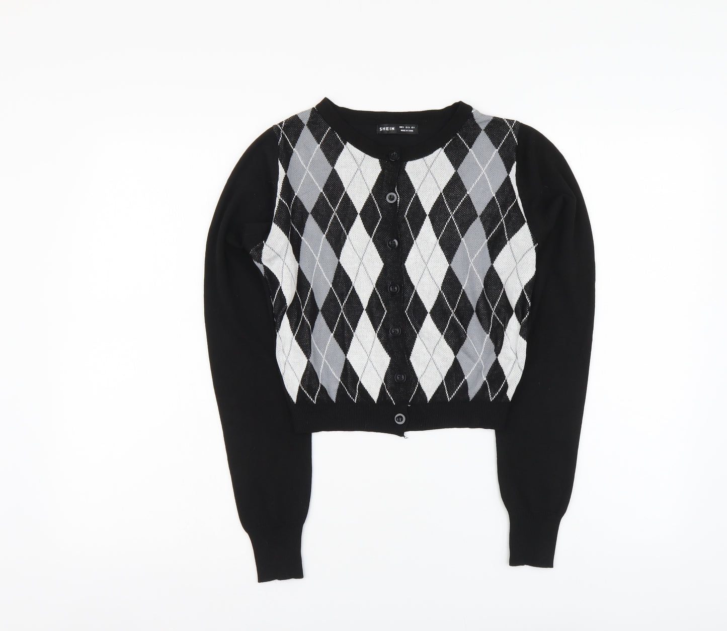 SheIn Womens Black Round Neck Argyle/Diamond Polyester Cardigan Jumper Size S