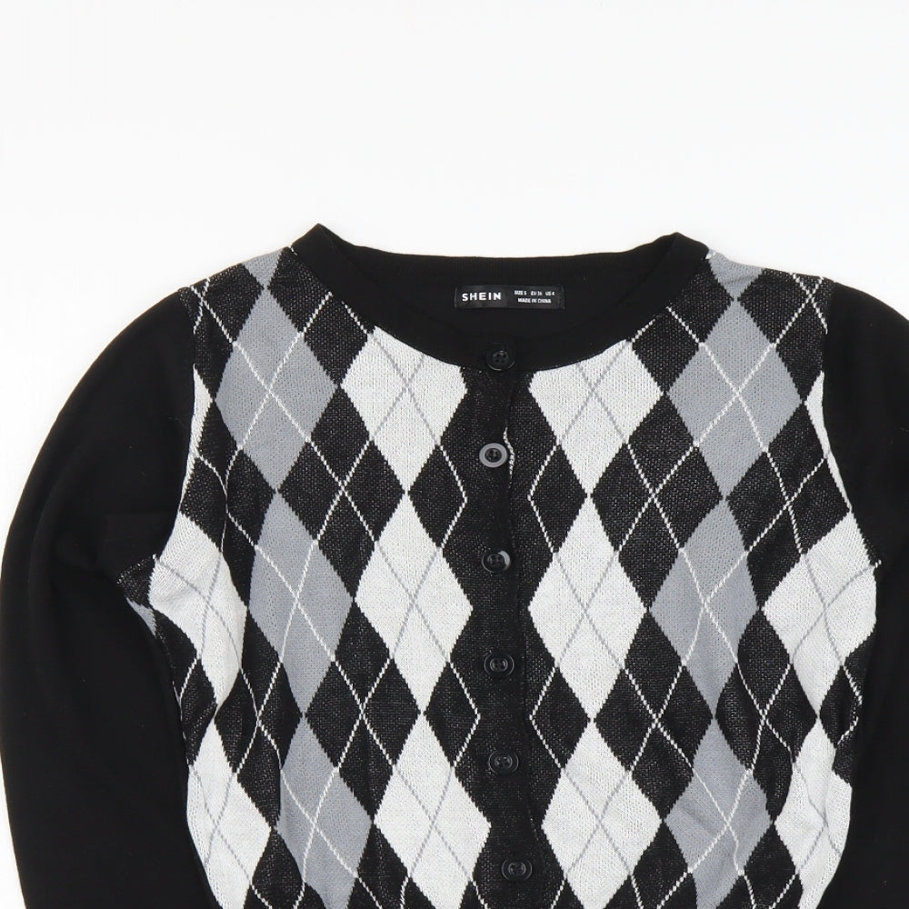 SheIn Womens Black Round Neck Argyle/Diamond Polyester Cardigan Jumper Size S