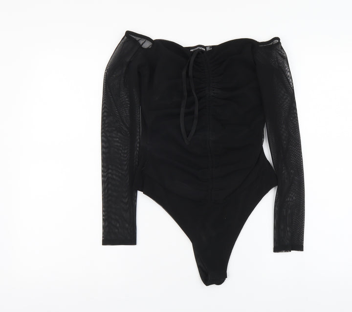 PRETTYLITTLETHING Womens Black Polyester Bodysuit One-Piece Size 12 Snap