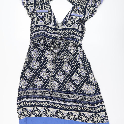 Red Herring Womens Blue Geometric Viscose A-Line Size 12 V-Neck Button