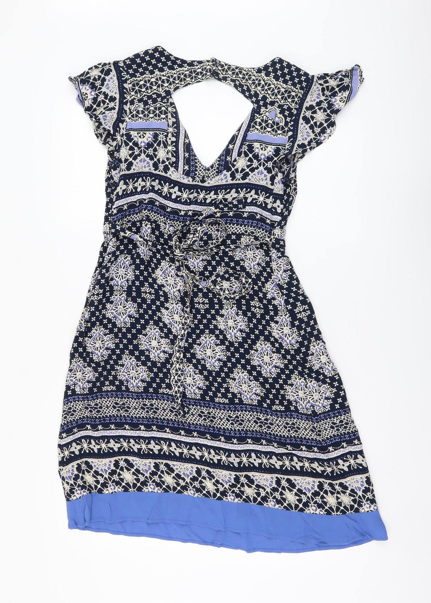 Red Herring Womens Blue Geometric Viscose A-Line Size 12 V-Neck Button