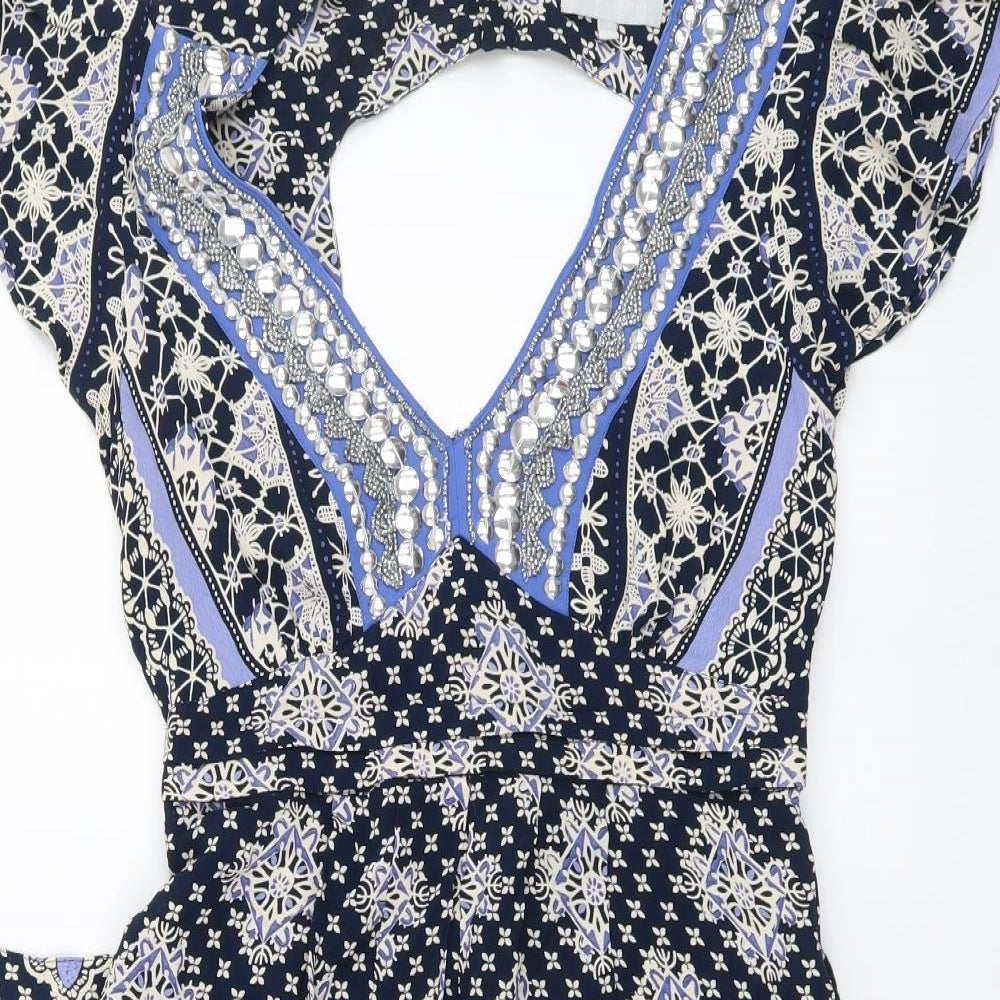 Red Herring Womens Blue Geometric Viscose A-Line Size 12 V-Neck Button