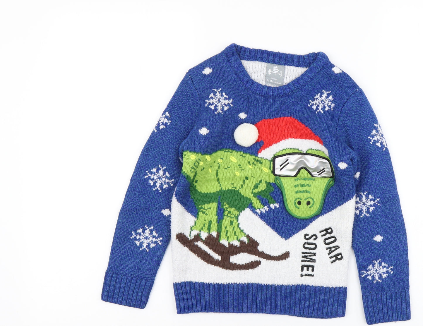 George Boys Blue Round Neck Acrylic Pullover Jumper Size 5-6 Years Pullover - Christmas Dinosaur
