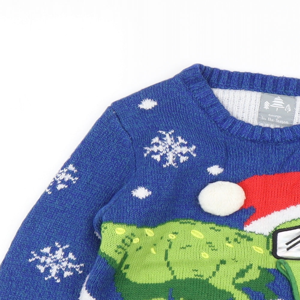 George Boys Blue Round Neck Acrylic Pullover Jumper Size 5-6 Years Pullover - Christmas Dinosaur