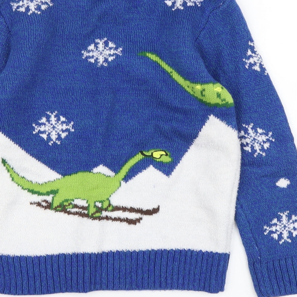 George Boys Blue Round Neck Acrylic Pullover Jumper Size 5-6 Years Pullover - Christmas Dinosaur