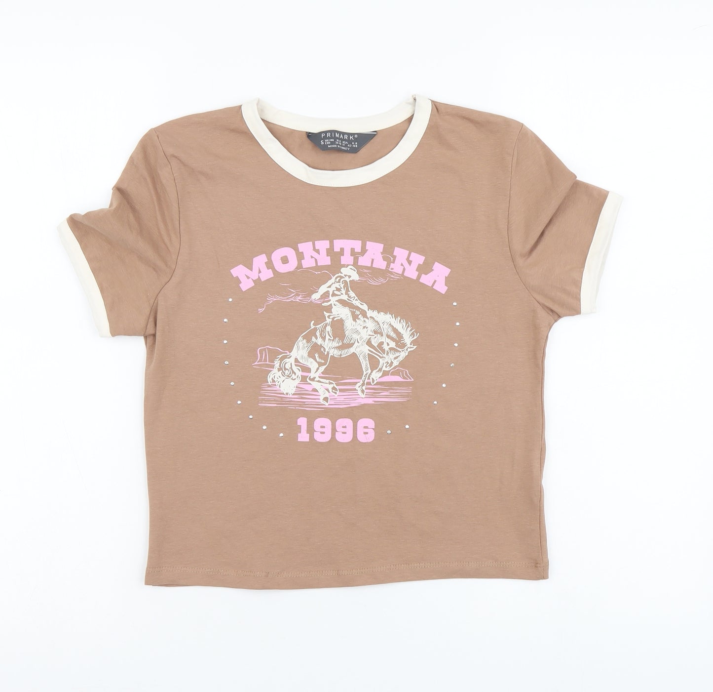 Primark Womens Brown Cotton Basic T-Shirt Size S Round Neck - Montana
