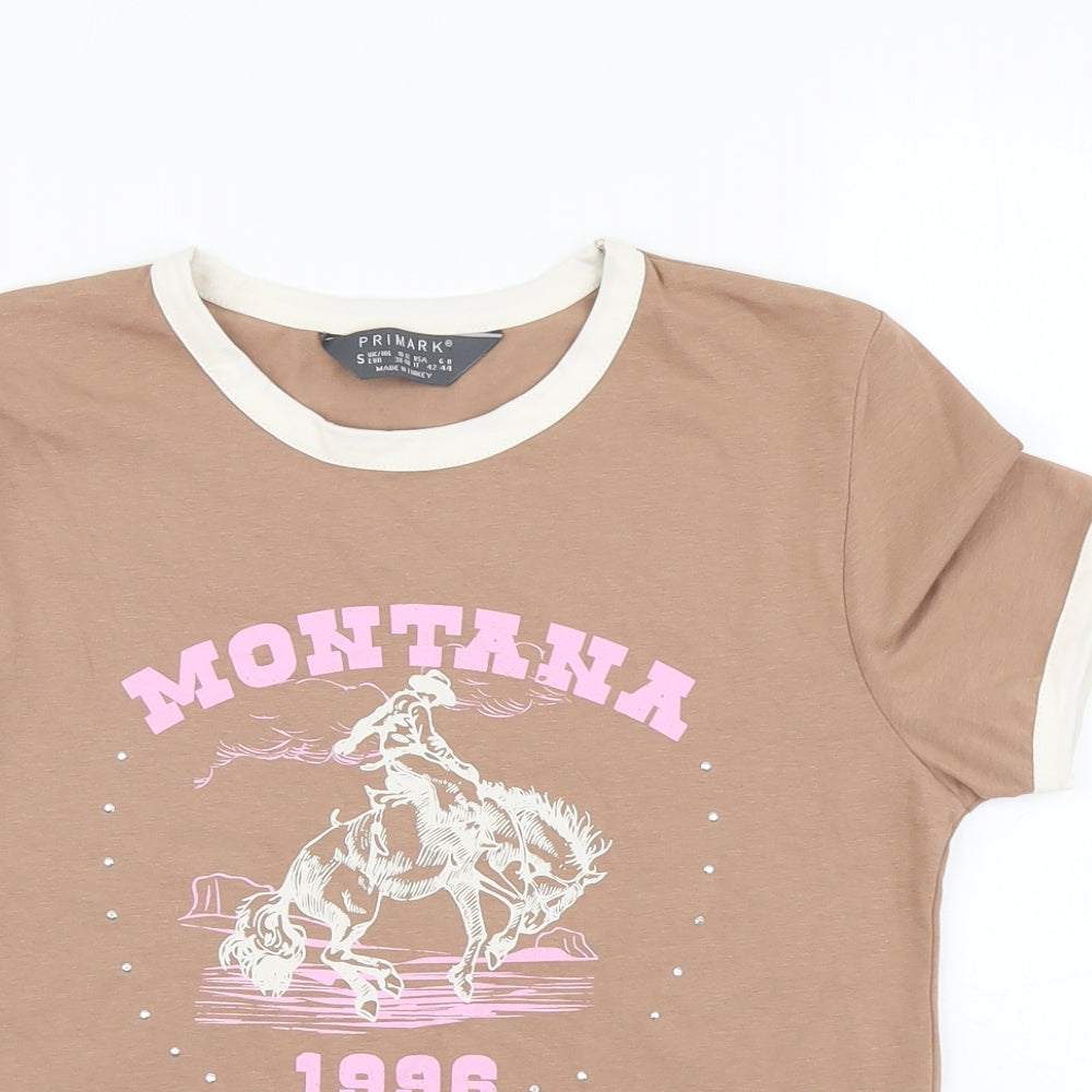Primark Womens Brown Cotton Basic T-Shirt Size S Round Neck - Montana