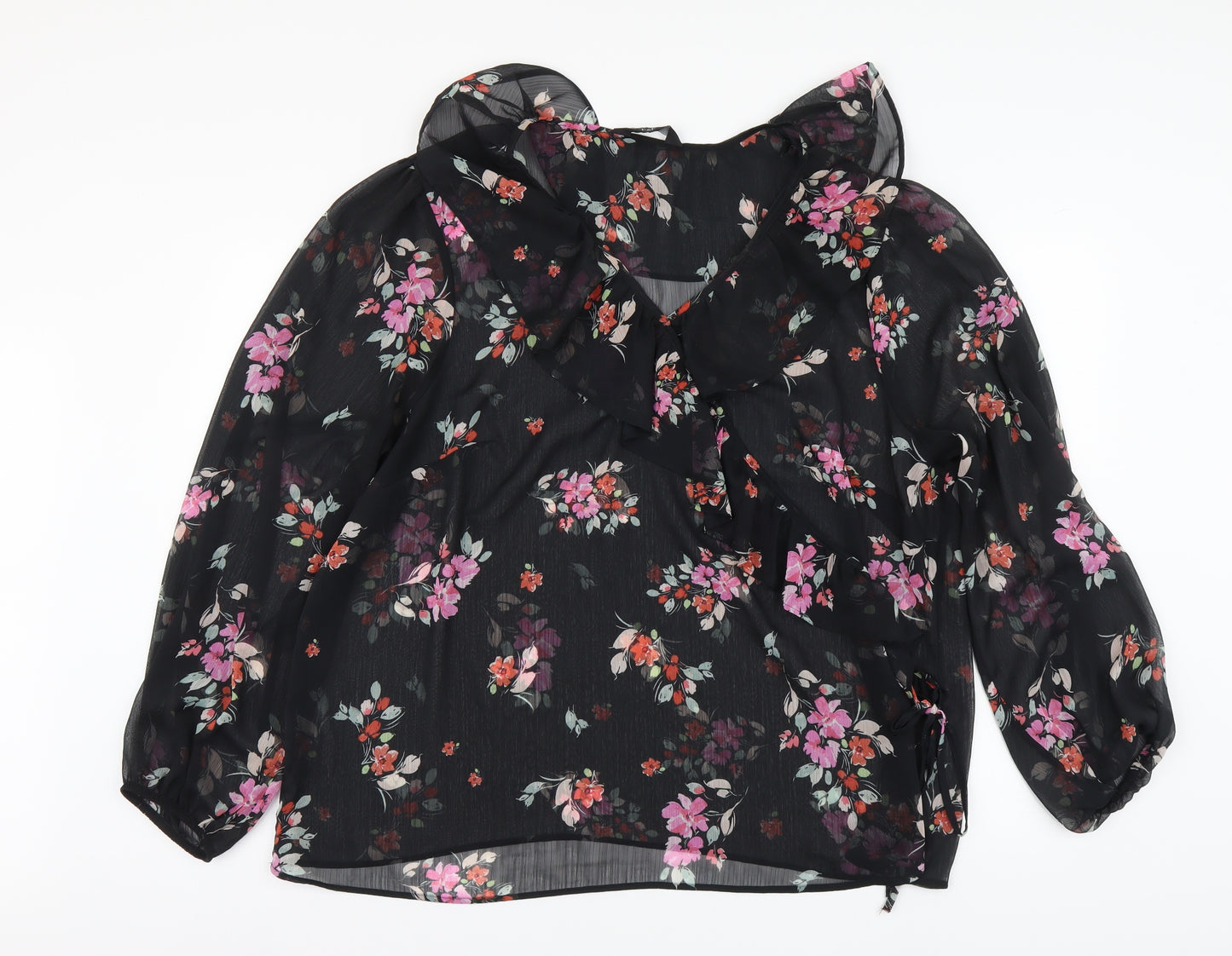 F&F Womens Black Floral Polyester Basic Blouse Size 22 V-Neck