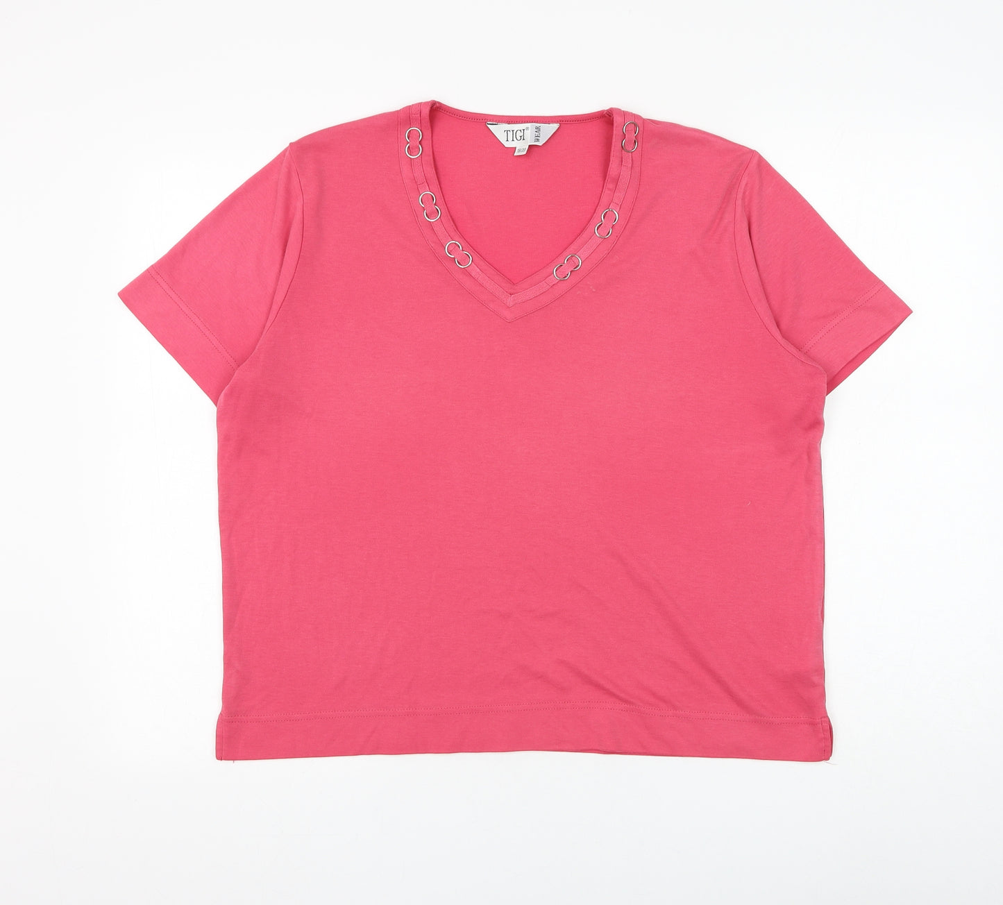 Tigi Womens Pink Polyester Basic T-Shirt Size 18 V-Neck