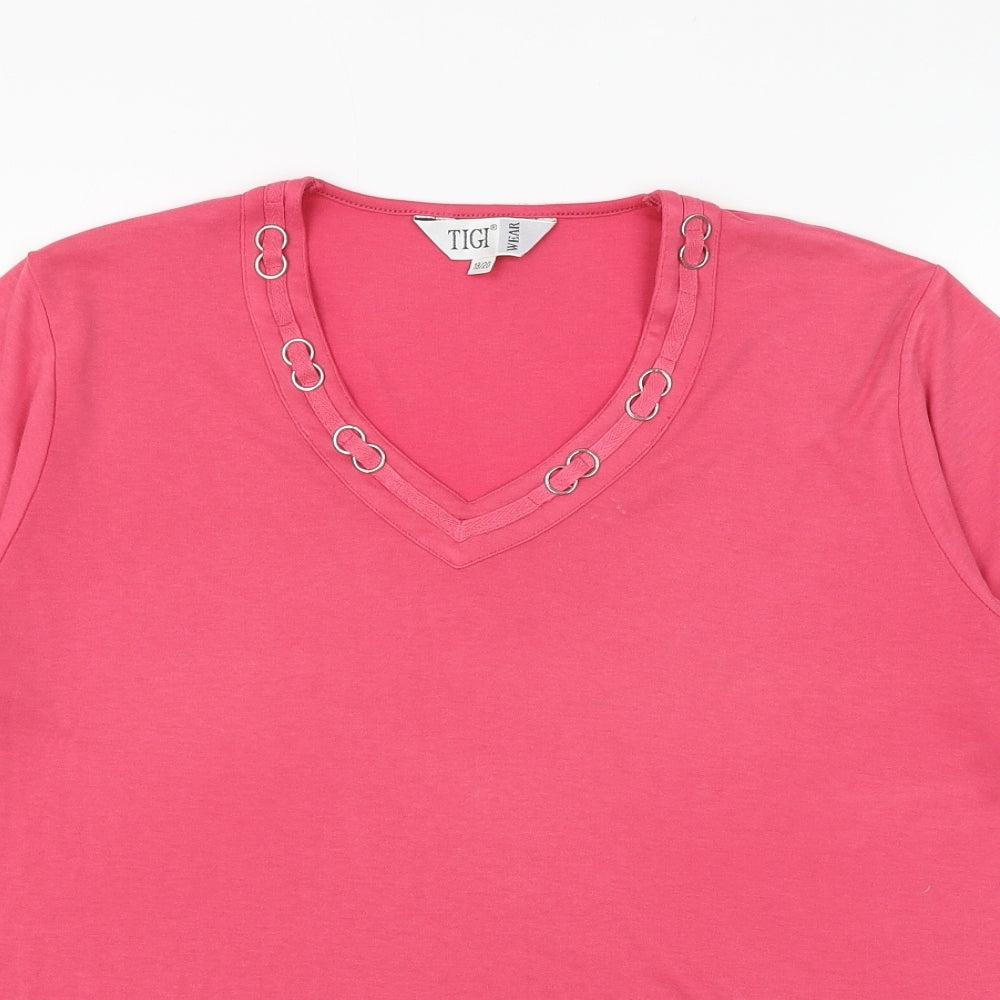 Tigi Womens Pink Polyester Basic T-Shirt Size 18 V-Neck