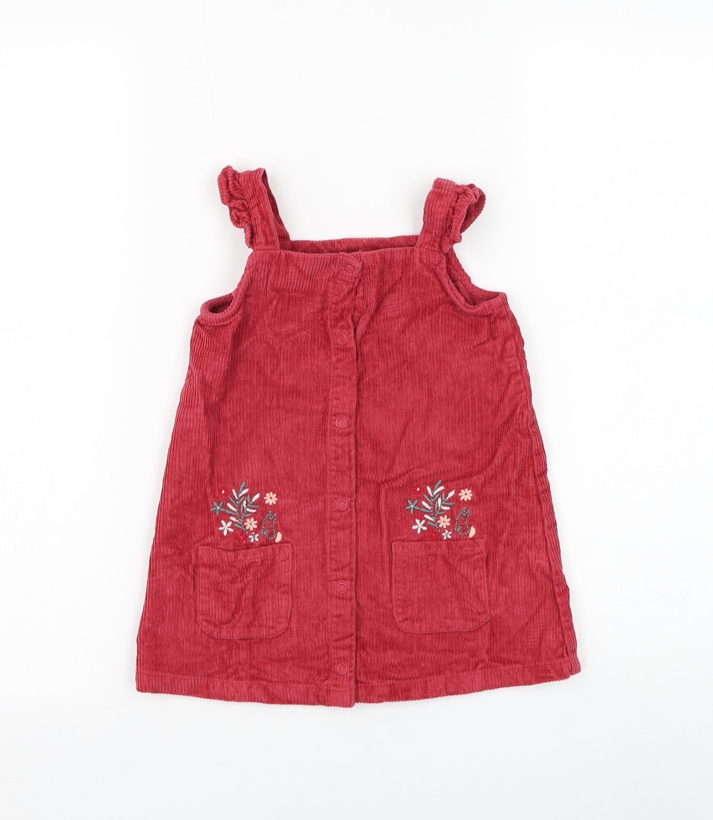 George Girls Red Cotton Pinafore/Dungaree Dress Size 12-18 Months Square Neck Button - Flower