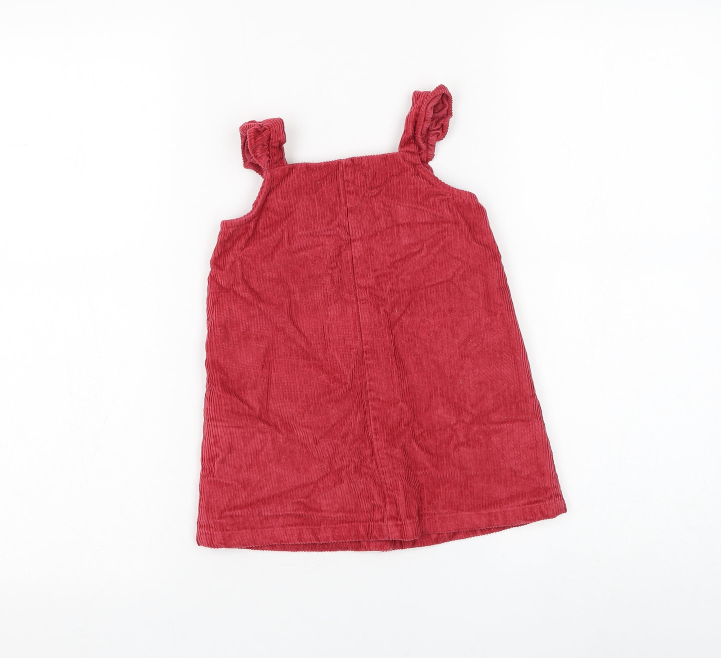George Girls Red Cotton Pinafore/Dungaree Dress Size 12-18 Months Square Neck Button - Flower