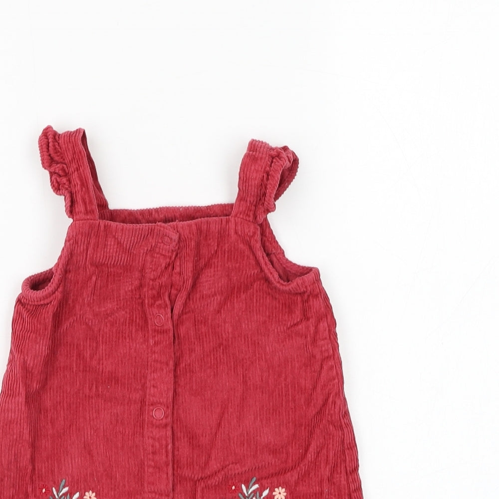 George Girls Red Cotton Pinafore/Dungaree Dress Size 12-18 Months Square Neck Button - Flower