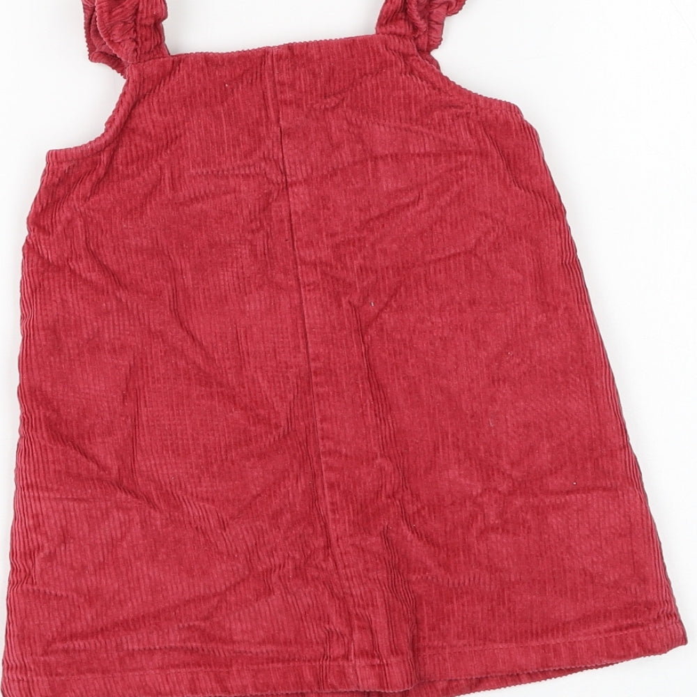 George Girls Red Cotton Pinafore/Dungaree Dress Size 12-18 Months Square Neck Button - Flower