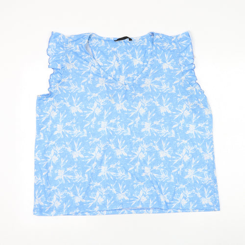 Dunnes Stores Womens Blue Floral Polyester Basic T-Shirt Size XL V-Neck