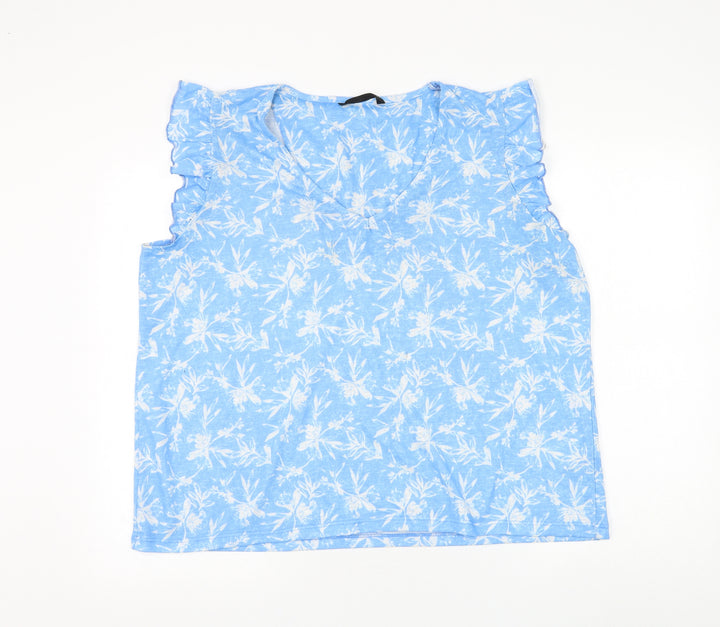 Dunnes Stores Womens Blue Floral Polyester Basic T-Shirt Size XL V-Neck